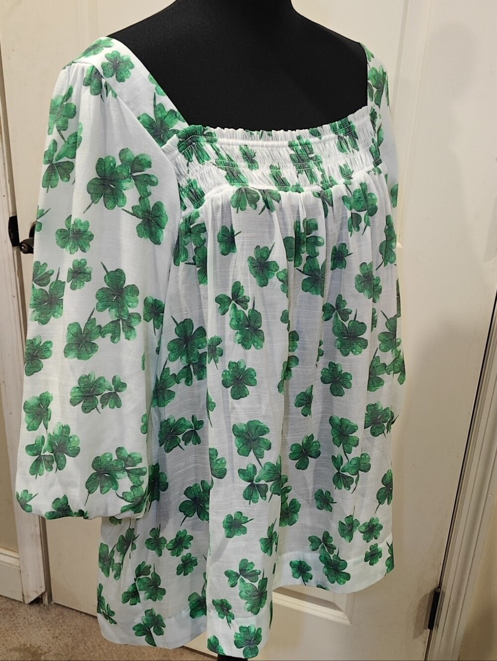 Cato White Square-Neck Tunic with Green Clover Print